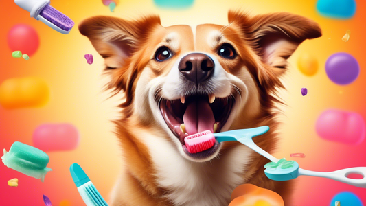 Create an image of a happy, playful dog chewing on a toothbrush-shaped treat in a colorful, well-lit background. The setting should be bright and vibrant, perhaps with a yard or a playful indoor envir