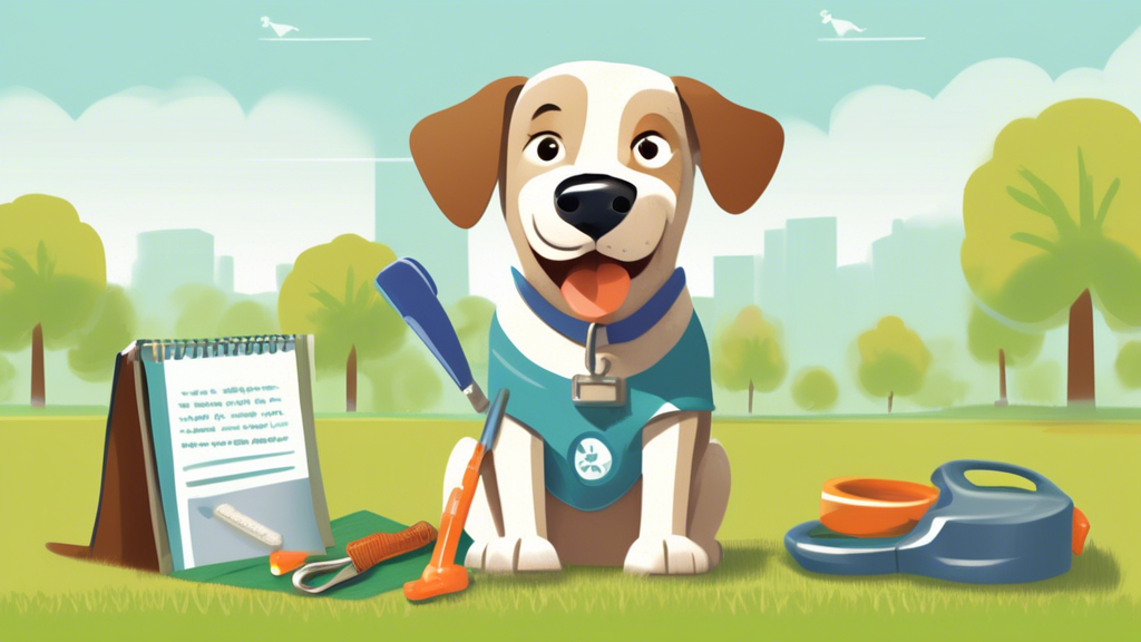 Illustration of an older dog sitting attentively on a grassy lawn with a few training tools around, such as a leash, treats, and a training pad. A cheerful pet owner holds a guidebook titled 'Potty Tr