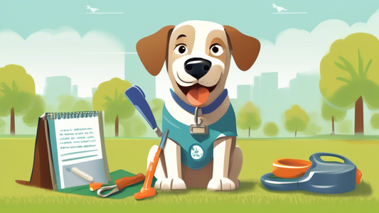 Illustration of an older dog sitting attentively on a grassy lawn with a few training tools around, such as a leash, treats, and a training pad. A cheerful pet owner holds a guidebook titled 'Potty Tr