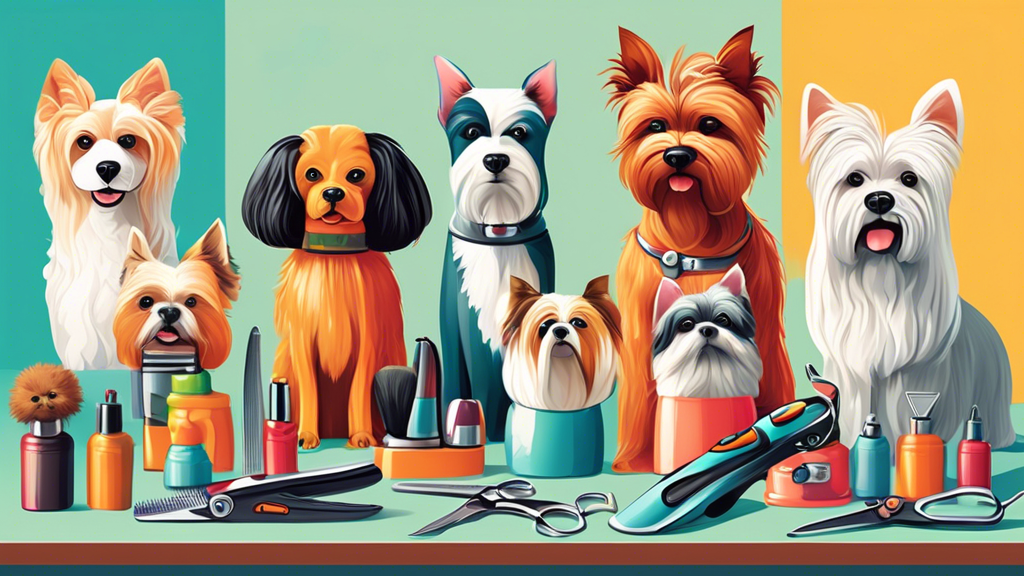 Create a vibrant illustration of a variety of dog clippers on a grooming table, surrounded by different dog breeds with freshly groomed haircuts. Include a groomer in a professional setting, comparing