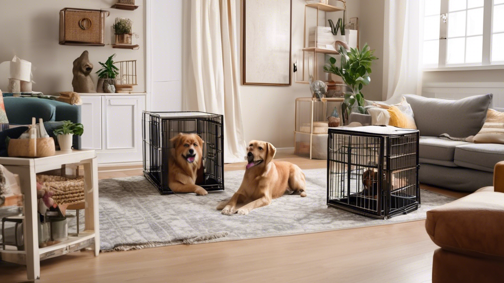 A cozy living room setting with a variety of dog crates in different sizes, materials, and styles arranged neatly. Each crate is occupied by a happy, relaxed dog of various breeds and sizes. Some crat