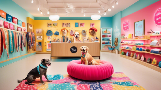 A cheerful, brightly-lit pet boutique displaying a variety of personalized dog accessories. The scene includes custom dog collars with engraved names, uniquely designed leashes, personalized dog beds 