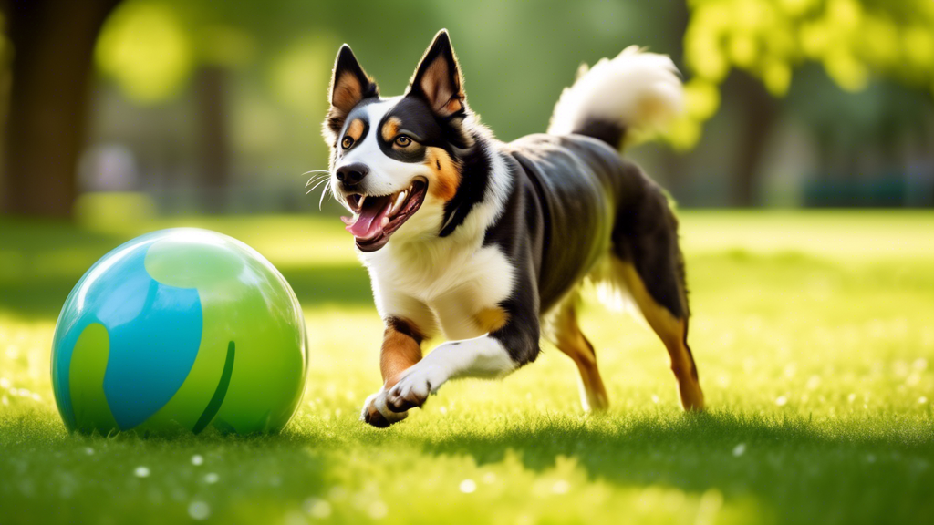 Create an image of a joyful dog playing with a large, vibrant and sturdy ball in a sunny, green park. The ball should appear indestructible, showcasing its puncture-proof feature by including small sy