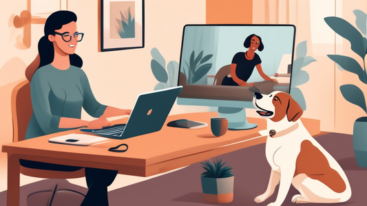 Create an image depicting a pet owner engaging in online service dog training. The owner is sitting at a desk, a laptop open with a video call displaying a professional dog trainer. In the foreground,