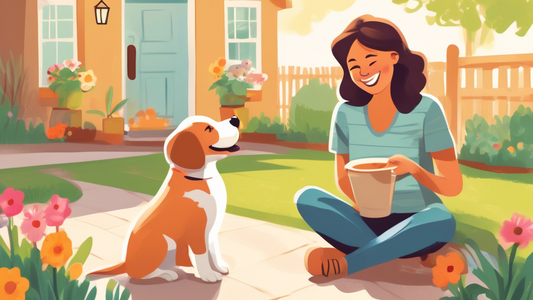 Create a heartwarming illustration of a cheerful pet owner teaching a playful puppy to use a designated spot in the backyard for housebreaking. The scene should include elements like treats for reward