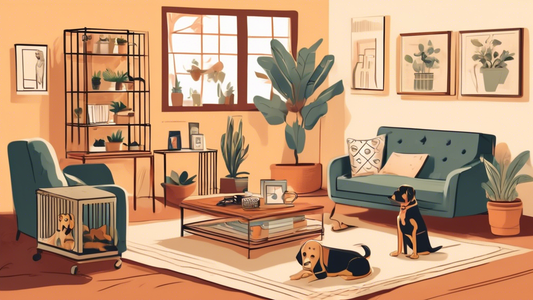 A cozy, well-furnished living room featuring a variety of dog crates including a wire crate, a plastic travel crate, and a stylish furniture-style crate, each containing a different breed of dog comfo