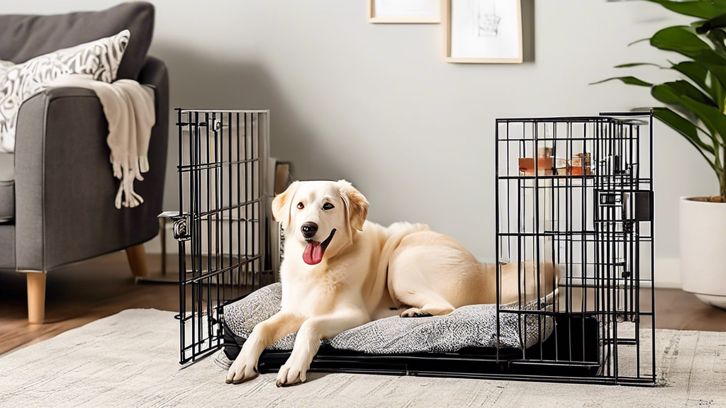 Create an image of a cozy, stylish living room where a happy dog is comfortably lounging in a high-quality 24-inch dog crate. The crate should have soft bedding, toys, and a water bowl inside. The sce