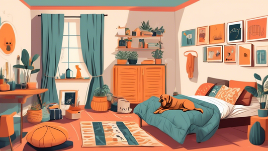 A cozy and thoughtfully decorated room featuring various dog crate beds with comfortable bedding, pillows, and blankets. A variety of dog breeds happily lounging in their crates, showcasing different 