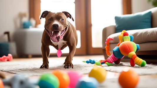 An image of a happy pitbull playfully chewing on a durable, brightly colored rubber dog toy in a well-lit living room. The scene captures various robust dog toys designed for aggressive chewers, inclu
