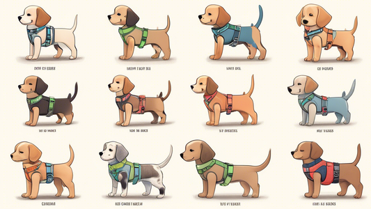 A detailed illustration of various types of puppy harnesses displayed on an adorable puppy, showcasing different materials, styles, and colors. The background features a pleasant, pet-friendly environ