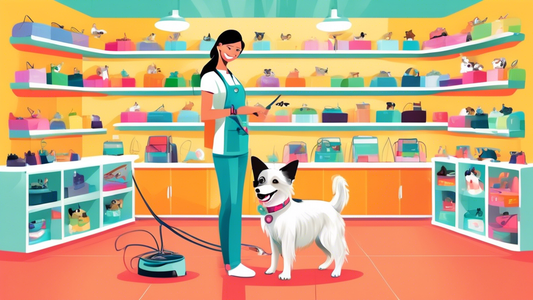 Generate an image of a smiling pet groomer in a bright, cheerful pet store helping a relaxed and happy dog try on different stylish and comfortable harness and lead sets. The shelves in the background