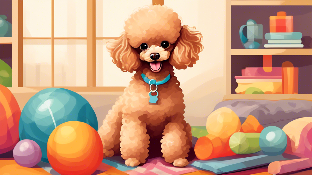 Create an image of a playful and endearing toy poodle in a cozy home setting. The poodle should have a soft, fluffy coat and bright, expressive eyes, radiating charm and affection. The background shou