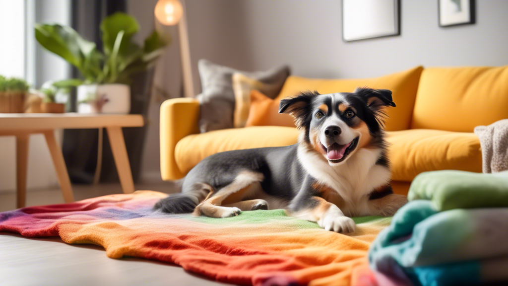Create an image of a cheerful dog lounging on a plush, colorful washable blanket in a cozy living room. The room has modern decor with soft lighting, a tidy and stylish setting that includes a washing