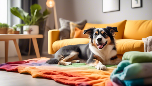 Create an image of a cheerful dog lounging on a plush, colorful washable blanket in a cozy living room. The room has modern decor with soft lighting, a tidy and stylish setting that includes a washing