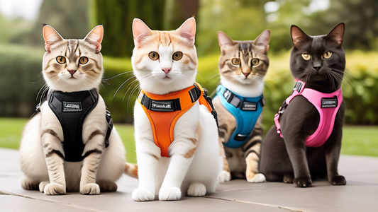 Create an image showcasing a selection of top-rated cat harnesses available on Amazon. Display a variety of styles and colors, each with its own unique features such as leash attachments, padded comfo