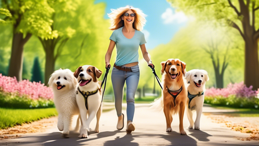 Create an image of a happy dog owner using a dual leash to walk two cheerful and energetic dogs through a scenic park. The dogs should look well-behaved and the leash should visibly split into two, ea