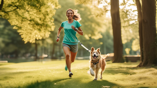 Create an image of a person joyfully running with their dog in a scenic park while using the Zee Dog Hands Free Leash. The person is effortlessly jogging, with the leash securely around their waist, a
