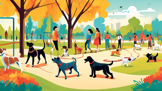 A cheerful dog park scene featuring a variety of dog breeds wearing colorful and stylish leashes. Each leash is crafted from high-quality materials, showing different designs such as reflective, retra