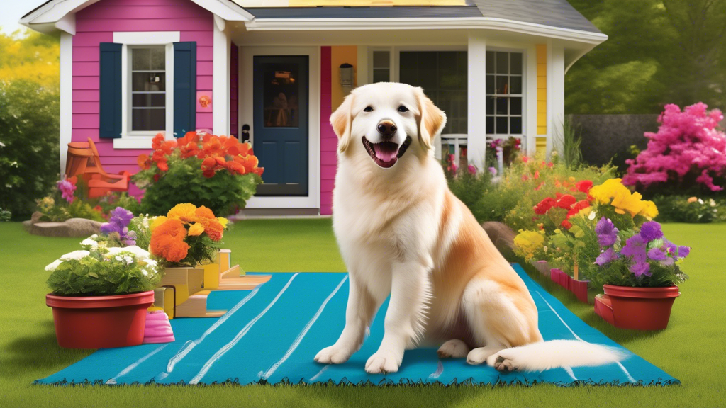 Create an image showing a happy dog securely attached to a sturdy tie-out in a colorful backyard. The scene includes safety features such as a strong, tangle-free cable, a durable ground anchor, and s
