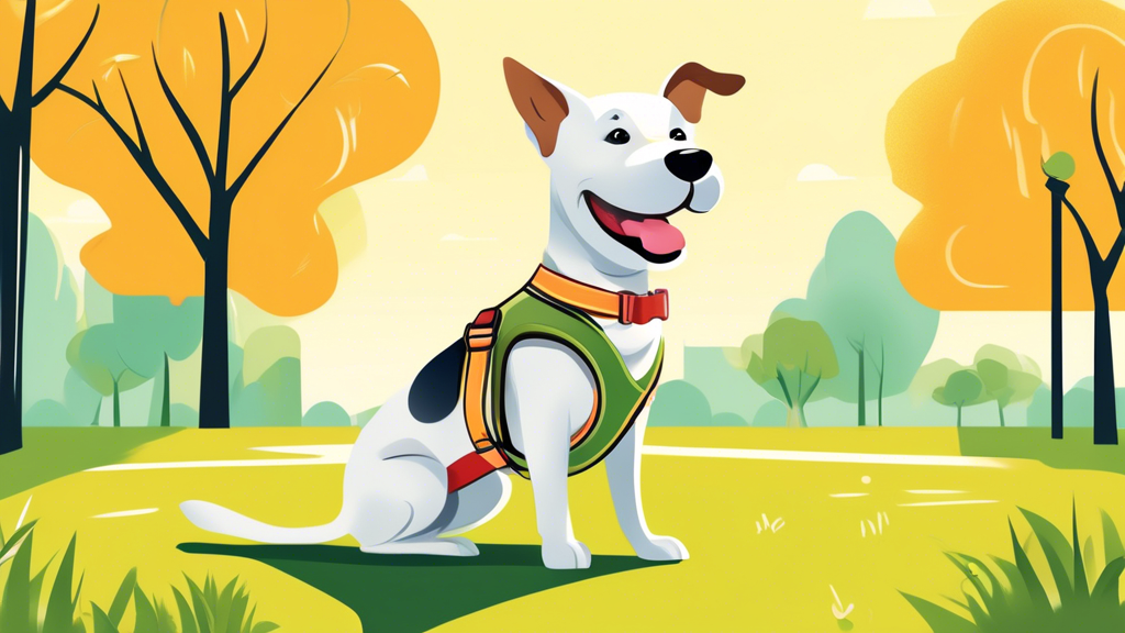 Create an image of a cheerful dog standing comfortably while its owner easily puts on a stylish, ergonomic, easy-on harness. Show a variety of harnesses in the background to emphasize the different de
