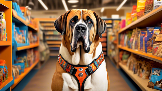A highly detailed image of a giant breed dog, such as a Great Dane or a Saint Bernard, standing proudly while wearing a comfortable, well-fitted harness. The background could feature a bright and vibr