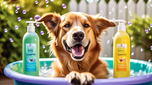 A cheerful dog enjoying a bath in a sunny backyard, surrounded by colorful bottles of deodorizing dog shampoos. The labels on the shampoo bottles highlight natural ingredients and fresh scents like la