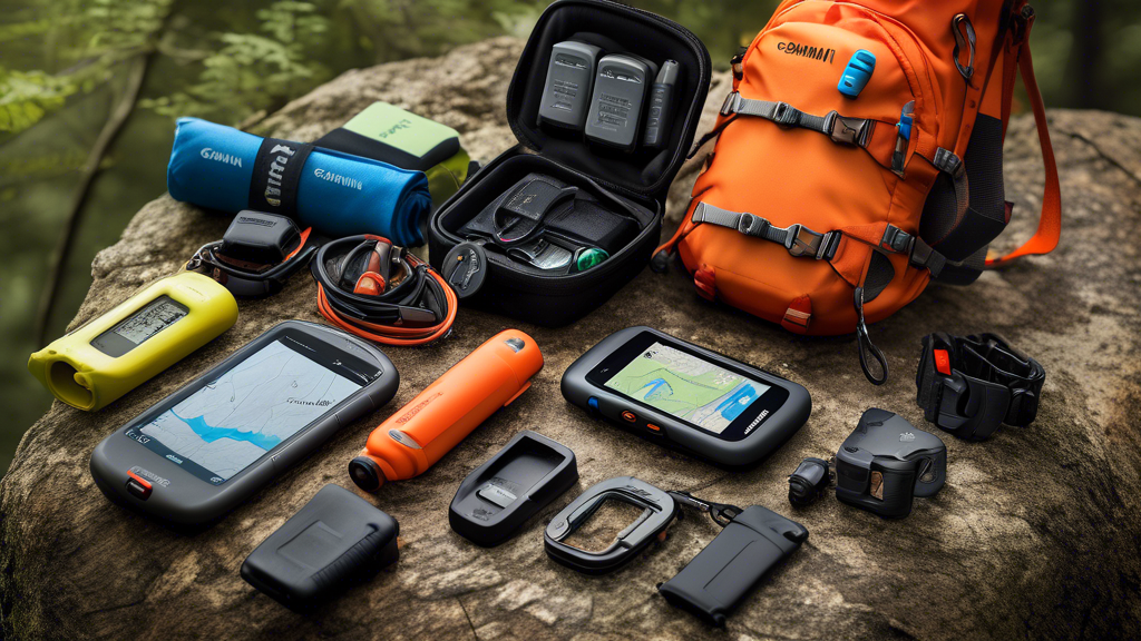 Create a high-resolution image of the Garmin 200i Bundle laid out on an outdoor adventure setting. Include the Garmin 200i device, maps, a charged power bank, and other included accessories like clip 