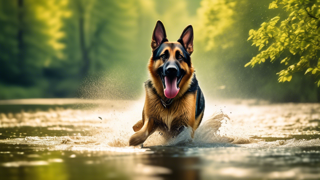 Create an image of a joyful adventure with a beautiful, well-trained K9 named Nova off-leash. Nova, a sleek and energetic German Shepherd, is running freely through a vibrant, scenic landscape. She is
