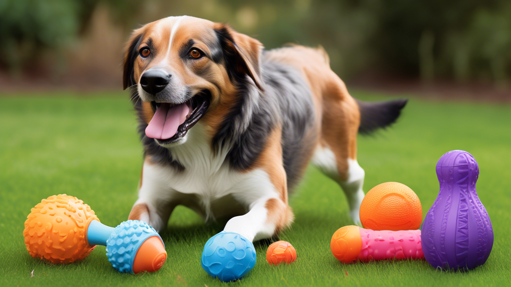 Create a high-quality, colorful image of a variety of durable squeaky dog toys specifically designed for tough chewers. Show a selection of different shapes and sizes, including bones, balls, and anim