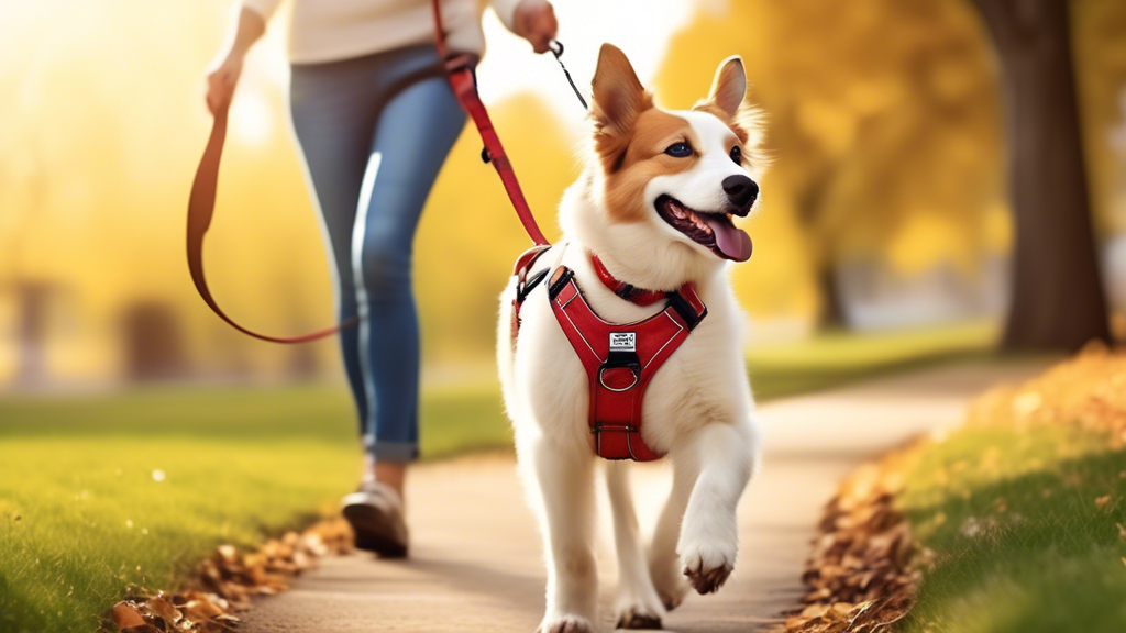 Create an image of a happy dog walking effortlessly with its owner in a scenic park, wearing a top-of-the-line no-pull harness. The harness should be clearly visible, showing its comfortable and secur