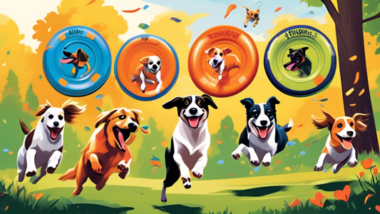 A dynamic and vibrant image of various high-quality dog frisbees with unique designs and colors, displayed in an outdoor park setting with excited dogs jumping and running to catch them. Include Amazo