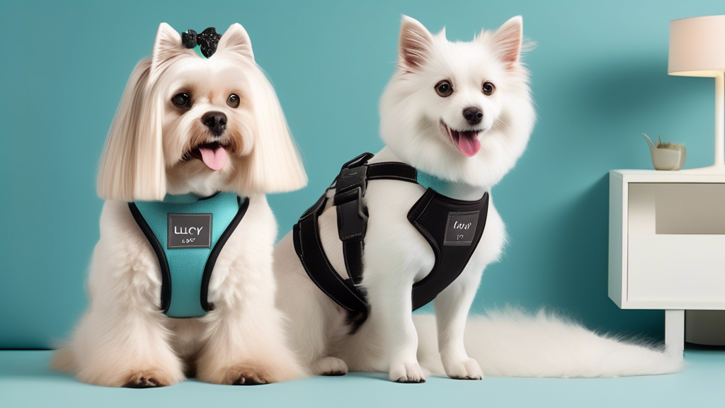 Create an image featuring a happy, well-groomed dog and a sleek, elegant cat both wearing stylish and comfortable harnesses labeled Lucy and Co. The background should be a cozy, modern living room wit