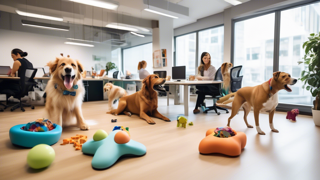 An office environment with modern decor where several dogs of different breeds are happily playing with various interactive and engaging dog toys, such as puzzle feeders, chew toys, and squeaky balls.