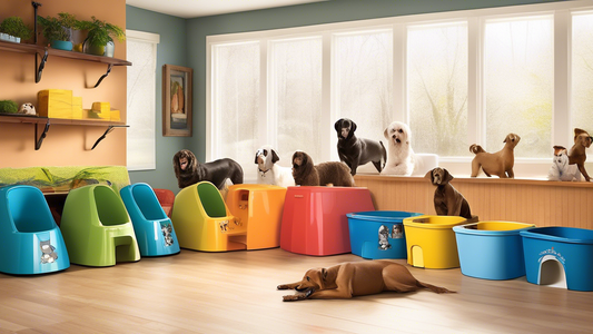 Create an image depicting a variety of dog litter boxes, each designed for different types of dogs and living environments. Include a range of sizes and styles, from indoor litter boxes with high wall