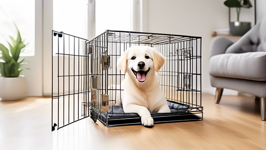 Create an image showing a happy dog inside a sturdy, gleaming stainless steel dog crate. Surround the crate with icons that symbolize durability, cleanliness, safety, and ease of transport, like a shi