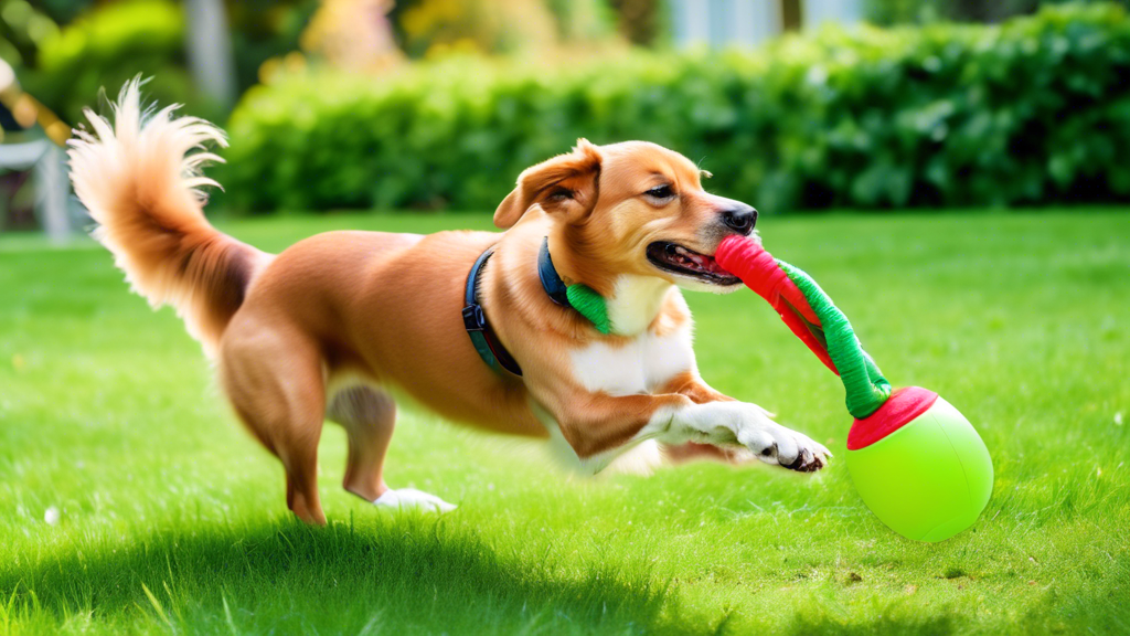 An adorable dog happily playing with a vibrant Kong Wubba toy in a lush, green backyard on a sunny day. The durable toy, featuring a tough exterior and multiple dangling tails, shows signs of wear fro