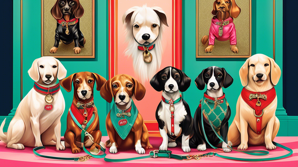 An upscale pet boutique showcasing stylish Gucci dog leashes, with well-groomed dogs of various breeds looking happy and proud, each sporting their designer accessories. The scene is vibrant and luxur
