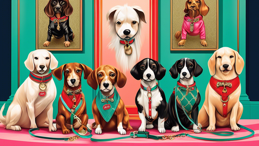 An upscale pet boutique showcasing stylish Gucci dog leashes, with well-groomed dogs of various breeds looking happy and proud, each sporting their designer accessories. The scene is vibrant and luxur