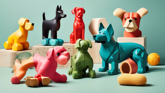 A collection of durable and robust dog toys made from tough materials designed specifically for aggressive chewers, displayed in a playful yet informative setting with various dog breeds showcasing th