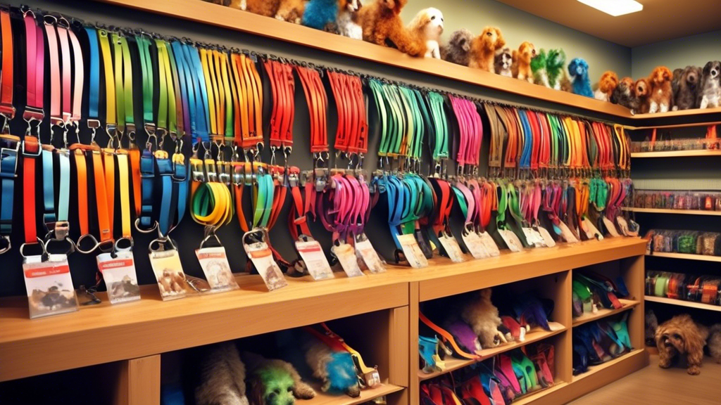 A cozy pet store with a variety of colorful dog harness and leash sets neatly displayed on the shelves. Pet owners of different backgrounds are happily browsing and trying the sets on their dogs, who 