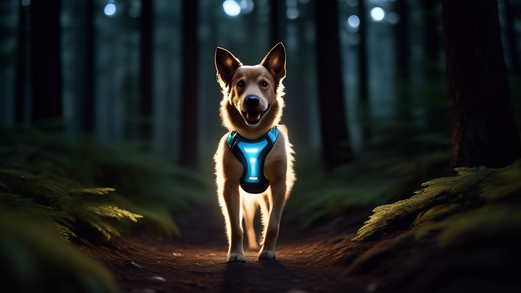 Create an image of a playful, adventurous dog wearing a high-quality, illuminated Ruffwear harness, standing confidently on a moonlit trail. The harness should be equipped with bright, LED lights that