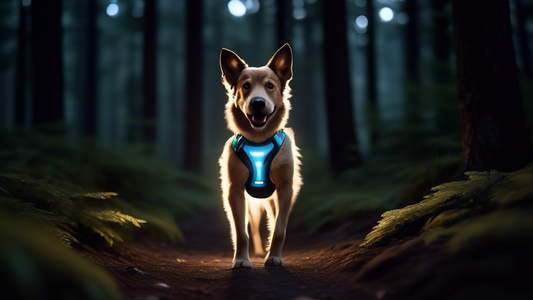 Create an image of a playful, adventurous dog wearing a high-quality, illuminated Ruffwear harness, standing confidently on a moonlit trail. The harness should be equipped with bright, LED lights that