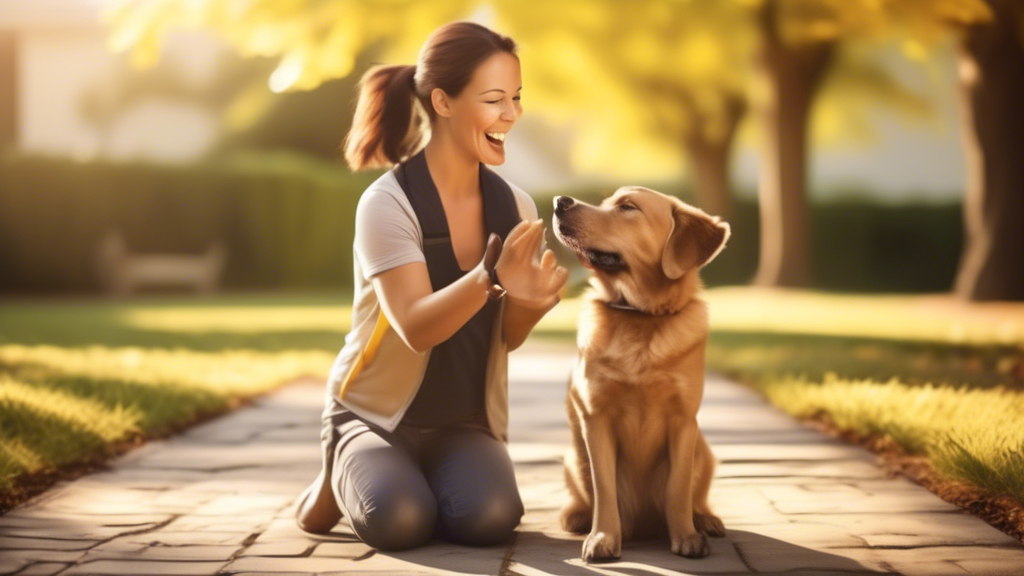 Create an image of a serene outdoor setting where a friendly dog trainer uses positive reinforcement methods, such as treats and praise, to train a happy, attentive dog. The trainer should project cal