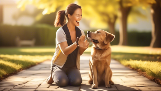 Create an image of a serene outdoor setting where a friendly dog trainer uses positive reinforcement methods, such as treats and praise, to train a happy, attentive dog. The trainer should project cal