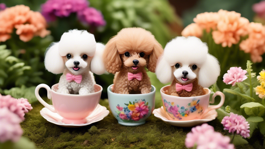 Create an image of adorable teacup poodles frolicking in a lush, flower-filled garden. These tiny dogs, each with personality and charm, display their big hearts through playful interactions. Show a v