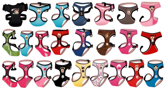 A detailed illustration of a variety of colorful, stylish harnesses specifically designed for teacup dogs. The image should feature an array of teacup dog breeds like Chihuahuas, Pomeranians, and York
