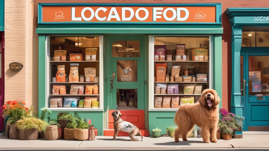 A cozy, vibrant neighborhood scene featuring a friendly dog walking with its owner past a charming storefront with a sign that reads 'Local Dog Food Suppliers.' The shop is filled with assortments of 