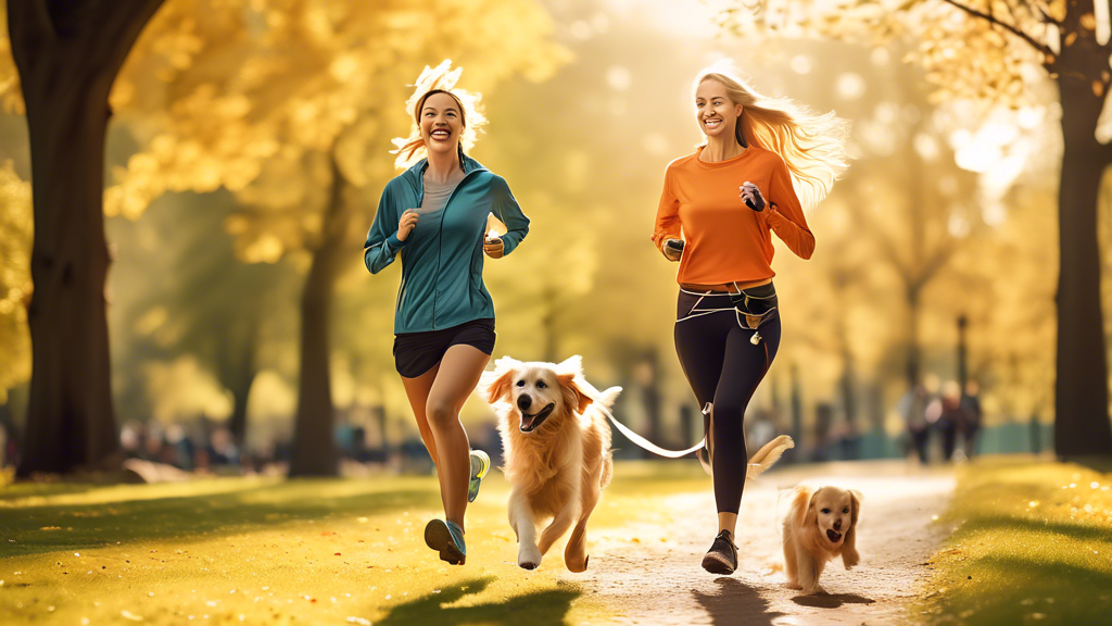 A cheerful woman jogging in a vibrant park while using a handsfree dog leash, with her happy Golden Retriever running beside her. The leash is comfortably strapped around her waist, allowing her to mo
