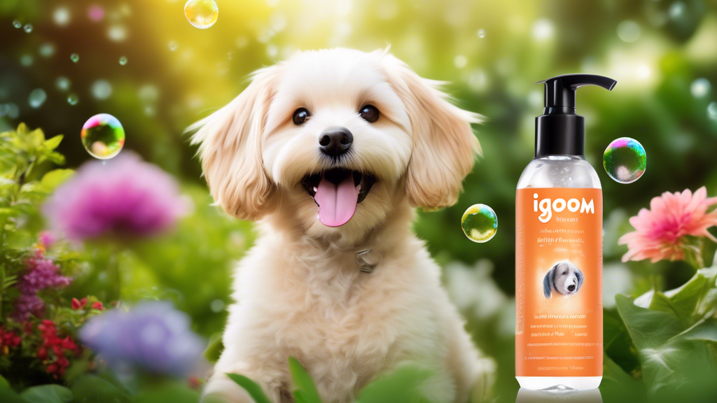 Create an image of a happy, fresh-looking dog with a gleaming, healthy coat in a vibrant, lush garden setting. Surround the dog with sparkling bubbles to emphasize cleanliness. Include a bottle of IGr