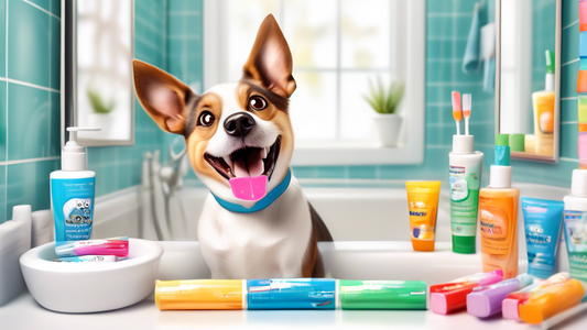 An adorable dog sitting in a bright and clean bathroom, looking at an array of colorful dog-safe toothpaste tubes lined up on the counter. The dog has a happy expression, with a toothbrush in view. Th